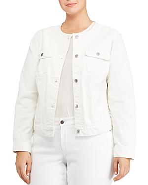 collarless white jean jacket