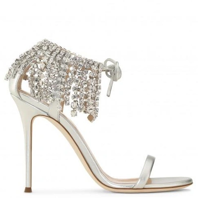 Shop Giuseppe Zanotti - Laminated Silver Sandal With Crystal Fringe Carrie Crystal