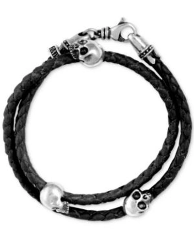 Shop King Baby Men's Hamlet Skull Braided Leather Wrap Bracelet In Sterling Silver In Black