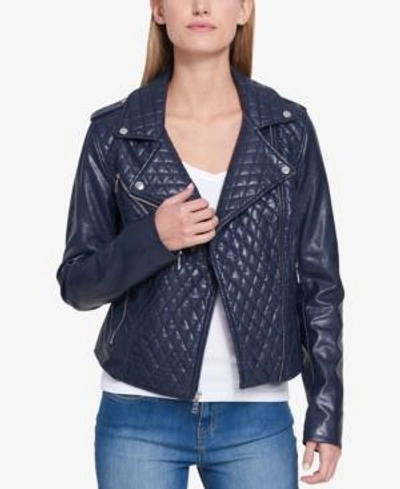 Shop Tommy Hilfiger Quilted Faux-leather Moto Jacket, Created For Macy's In Twilight