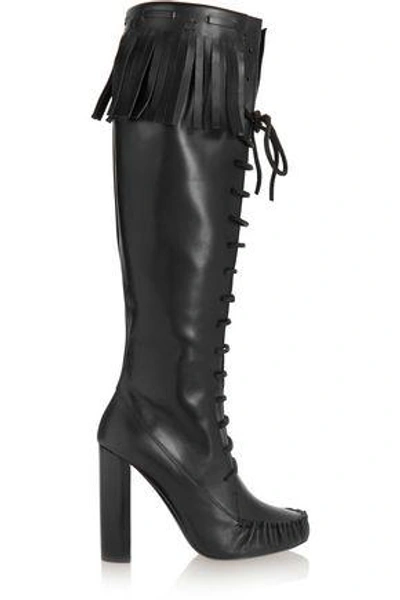 Shop Tom Ford Woman Fringed Leather Knee Boots Black