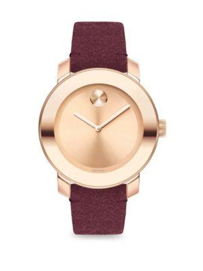 Shop Movado Bold Iconic Metal & Red Suede Watch In Rose Gold