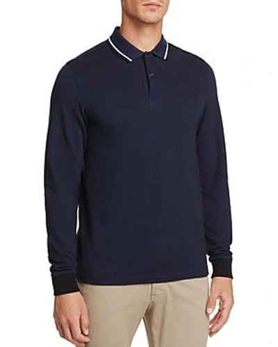 Shop Fred Perry Twin Tipped Long Sleeve Slim Fit Polo Shirt In Service Blue Black Oxford