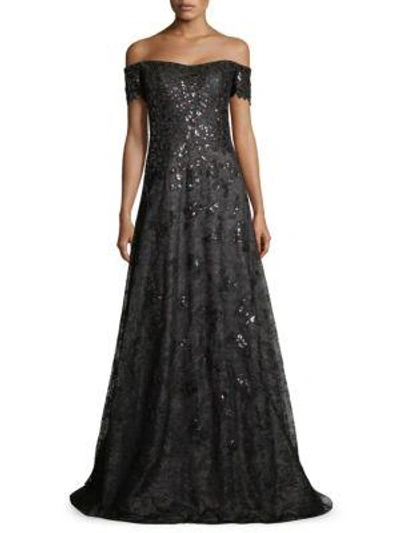 Shop Rene Ruiz Off-the-shoulder Sequin & Tulle Gown In Black Multi
