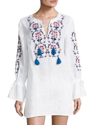 Shop Tory Burch Wildflower Embroidered Bell-sleeve Linen Beach Tunic In New Ivory