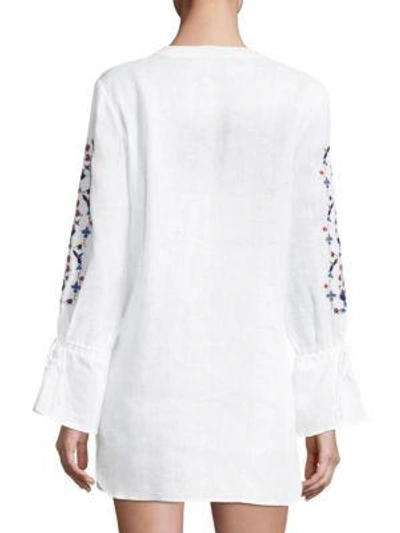 Shop Tory Burch Wildflower Embroidered Bell-sleeve Linen Beach Tunic In New Ivory