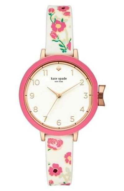 Shop Kate Spade Park Row Silicone Strap Watch, 34mm In White/ Rose Gold