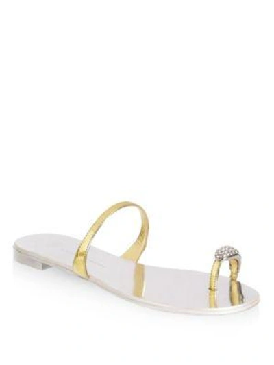 Shop Giuseppe Zanotti Nuvo Rock Jeweled Toe Ring Leather Flat Sandals In Oro