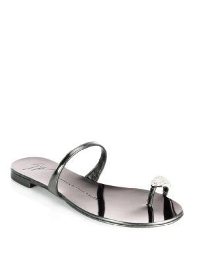 Shop Giuseppe Zanotti Nuvo Rock Jeweled Toe Ring Leather Flat Sandals In Shooting Star