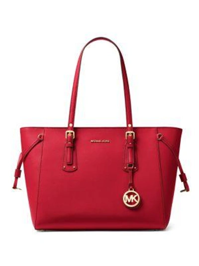 Shop Michael Michael Kors Voyager Medium Leather Tote In Bright Red