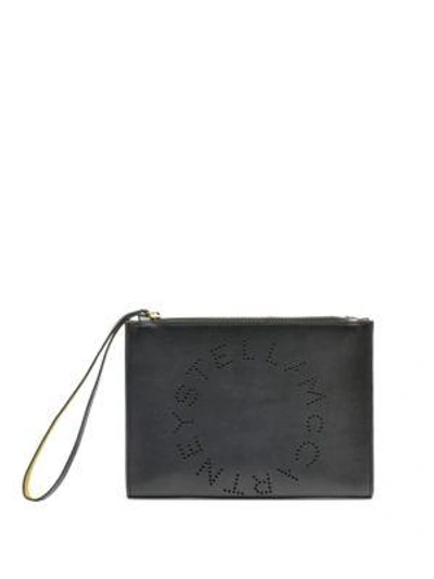 Shop Stella Mccartney Faux Leather Logo Wristlet In Black