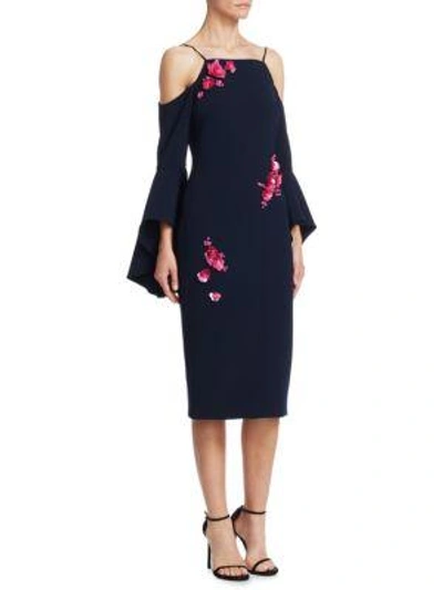 Shop Theia Beaded Cold-shoulder Bell-sleeve Dress In Midnight Fushia