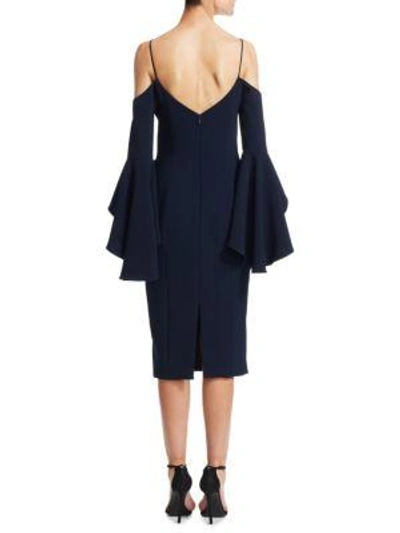 Shop Theia Beaded Cold-shoulder Bell-sleeve Dress In Midnight Fushia
