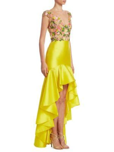 Shop Marchesa Notte Cap Sleeve Hi-lo Dress In Yellow
