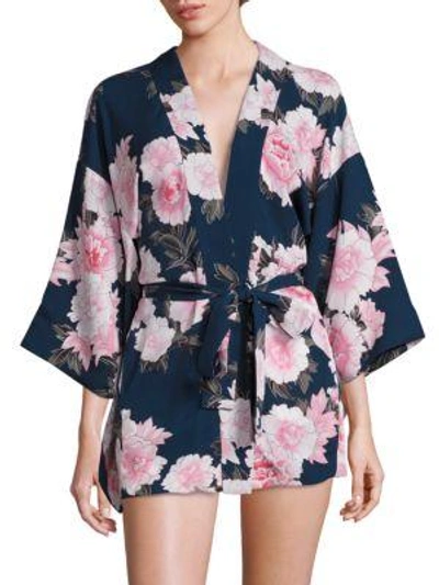 Shop Fleur Du Mal Floral Silk Kimono In Teal Black