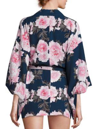 Shop Fleur Du Mal Floral Silk Kimono In Teal Black