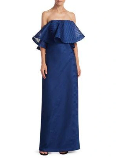 Shop Halston Heritage Strapless Flounce Mesh Gown In Navy