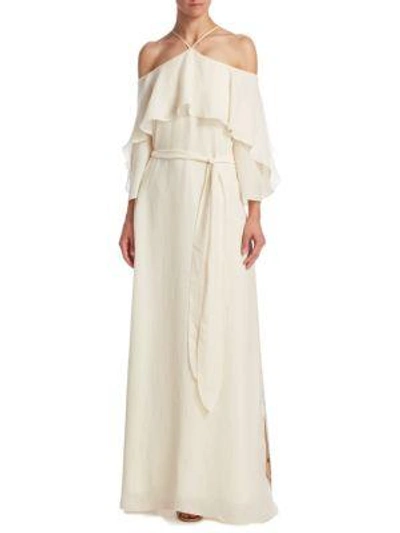 Shop Halston Heritage Flounce Cold-shoulder Gown In Cream