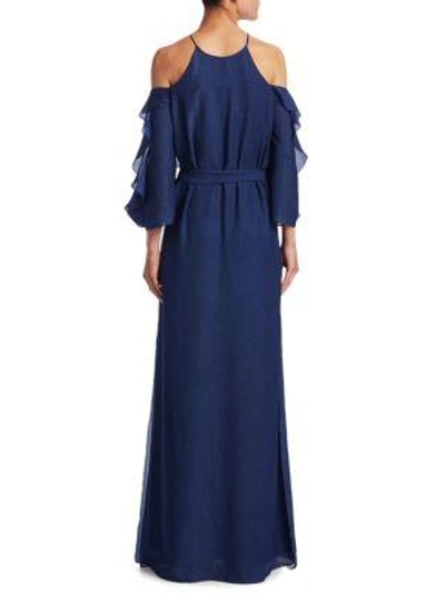 Shop Halston Heritage Flounce Cold-shoulder Gown In Navy