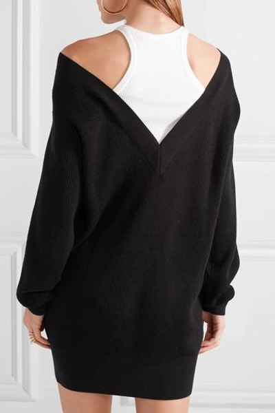 Shop Alexander Wang T Off-the-shoulder Layered Ribbed Merino Wool-blend And Cotton Mini Dress In Black