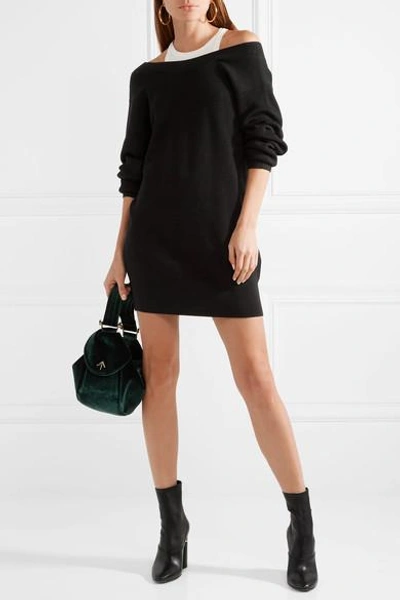 Shop Alexander Wang T Off-the-shoulder Layered Ribbed Merino Wool-blend And Cotton Mini Dress In Black