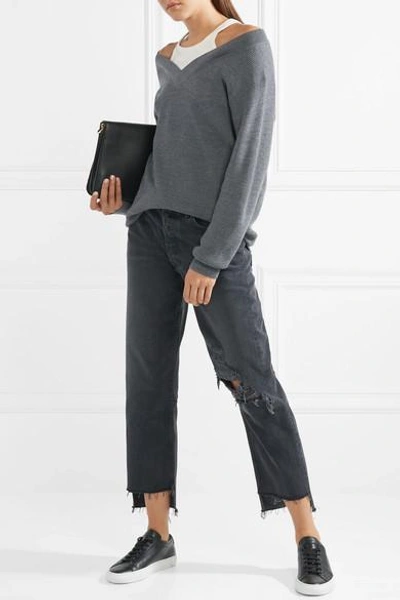 Shop Alexander Wang T Off-the-shoulder Layered Ribbed Merino Wool-blend And Cotton Sweater In Medium