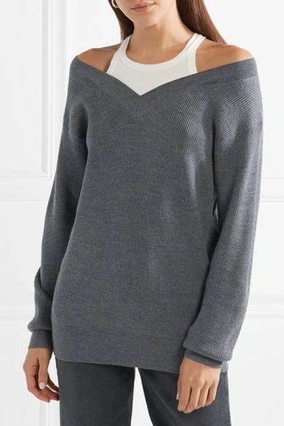 Shop Alexander Wang T Off-the-shoulder Layered Ribbed Merino Wool-blend And Cotton Sweater In Medium