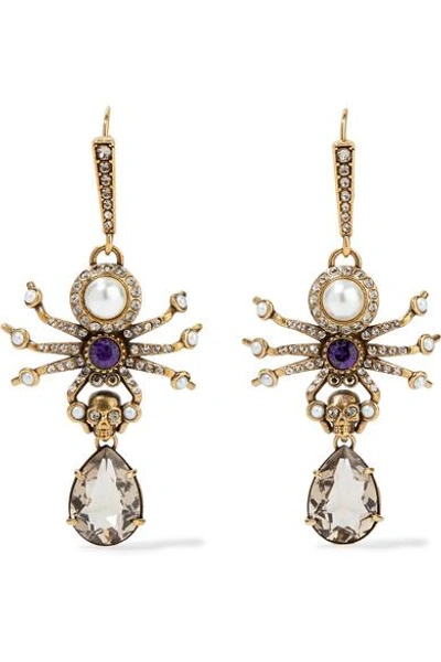 Shop Alexander Mcqueen Gold-tone, Swarovski Crystal And Faux Pearl Earrings