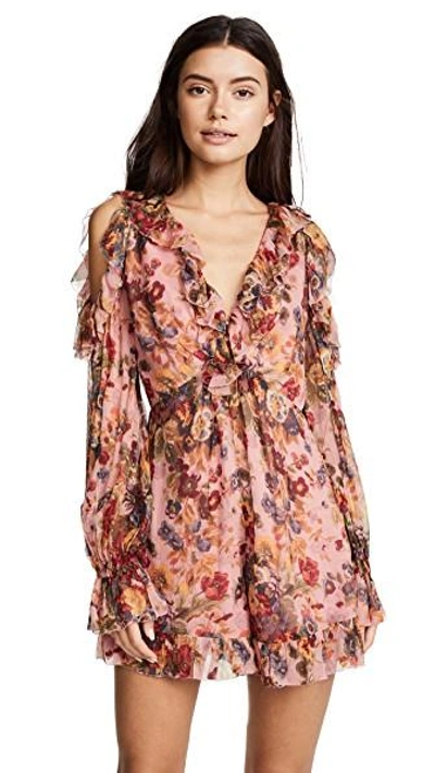 Shop Zimmermann Lovelorn Frill Playsuit Cover Up In Pink Floral