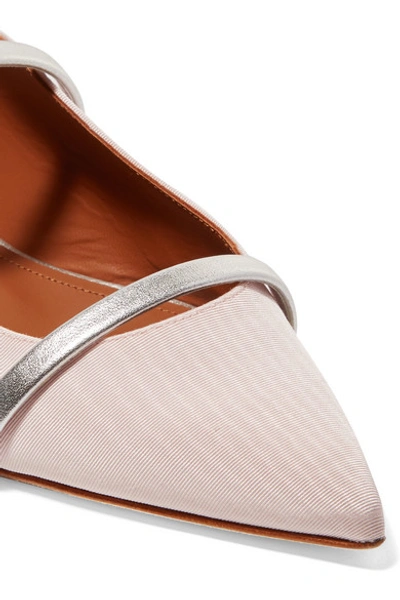Shop Malone Souliers Maureen Metallic Leather-trimmed Moire Point-toe Flats In Pastel Pink