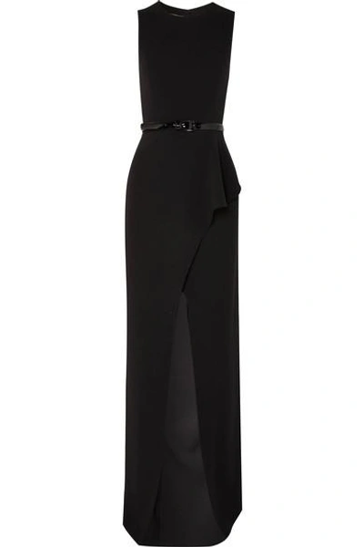 Shop Michael Kors Belted Ruffled Wool-blend Crepe Gown In Black