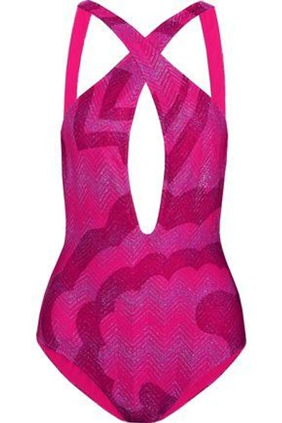 Shop Missoni Cross-front Metallic Crochet-knit Swimsuit In Fuchsia