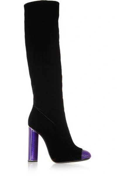 Shop Tom Ford Woman Bead-embellished Velvet Knee Boots Black