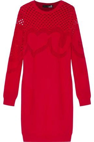 Shop Love Moschino Woman Open Knit-paneled Stretch-knit Dress Red