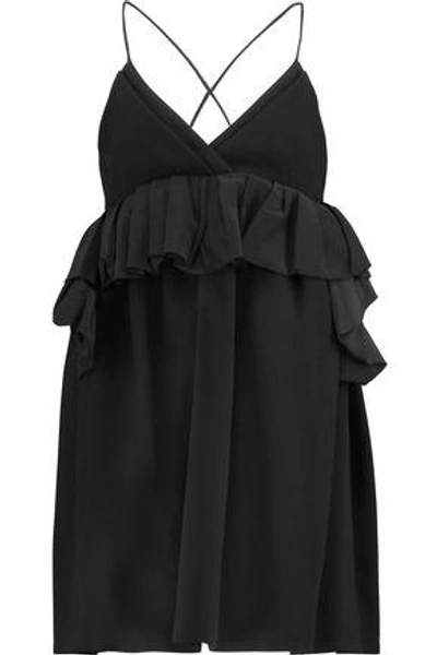 Shop Victoria Victoria Beckham Woman Ruffled Silk-trimmed Wool Mini Dress Black