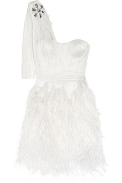 Shop Matthew Williamson Woman Feather-trimmed Silk-tulle Mini Dress White