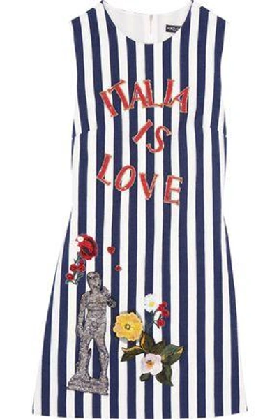 Shop Dolce & Gabbana Woman Embellished Striped Cotton-blend Mini Dress Navy