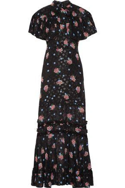 Shop Anna Sui Woman Pussy-bow Ruffle-trimmed Silk-blend Fil Coupé Maxi Dress Black