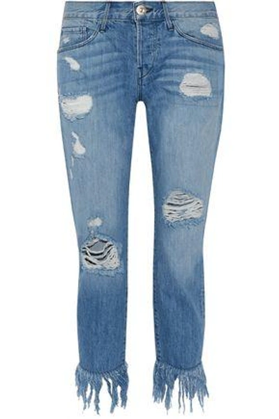 Shop 3x1 Wm3 Crop Fringe Distressed Mid-rise Straight-leg Jeans In Mid Denim