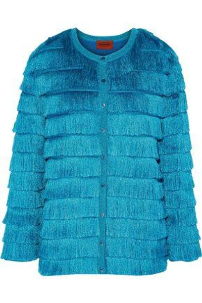Shop Missoni Woman Fringed Metallic Stretch-knit Cardigan Turquoise