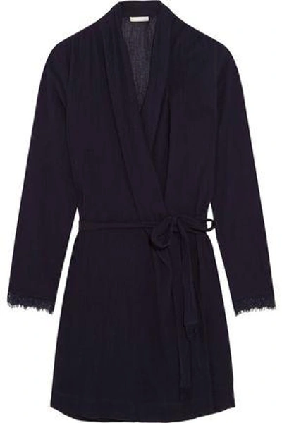 Shop Skin Woman Lace-trimmed Cotton-gauze Robe Midnight Blue