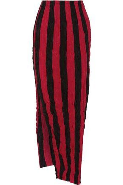 Shop Juan Carlos Obando Woman Striped Crinkled Silk Crepe De Chine Maxi Skirt Red