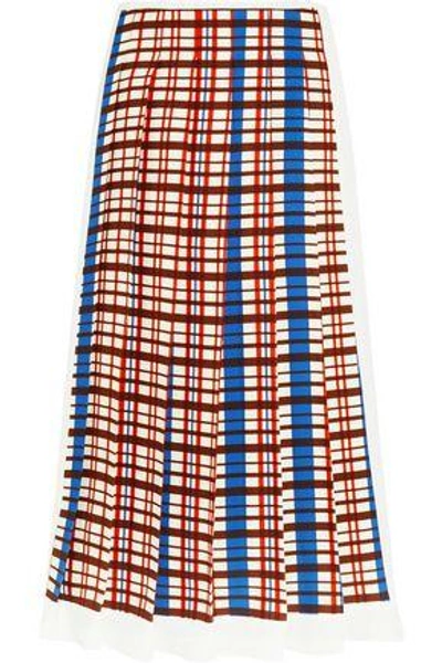 Shop Victoria Beckham Woman Pleated Checked Crepe Midi Skirt Ivory