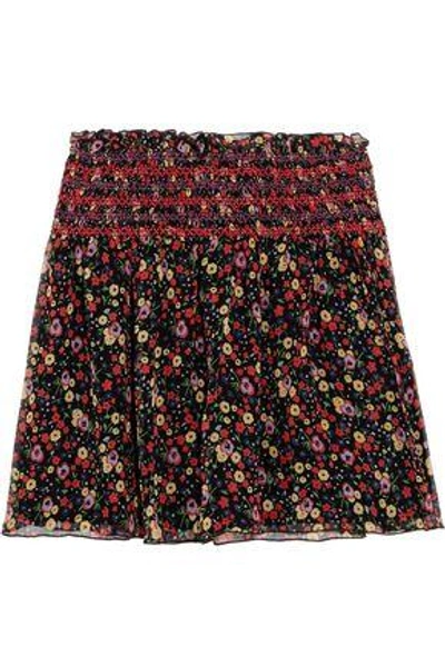 Shop Anna Sui Woman Smocked Printed Silk-crepon Mini Skirt Black