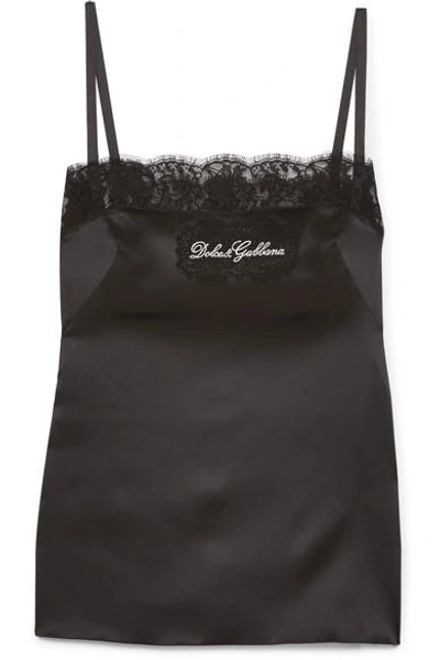 Shop Dolce & Gabbana Embroidered Lace-trimmed Stretch Silk-blend Satin Camisole In Black