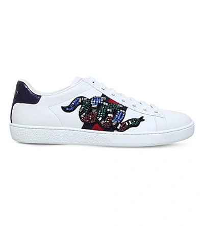 Shop Gucci Ace Snake-embroidered Leather Trainers In White/oth