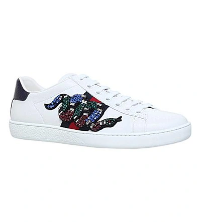 Shop Gucci Ace Snake-embroidered Leather Trainers In White/oth