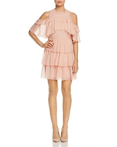 Shop Alice And Olivia Nichola Ruffle Cold-shoulder Silk Dress In Blush