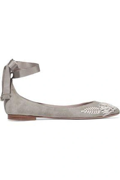 Shop Aerin Woman Embroidered Suede Ballet Flats Light Gray