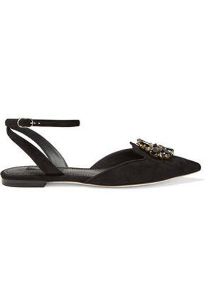 Shop Dolce & Gabbana Woman Bellucci Crystal-embellished Suede Point-toe Flats Black